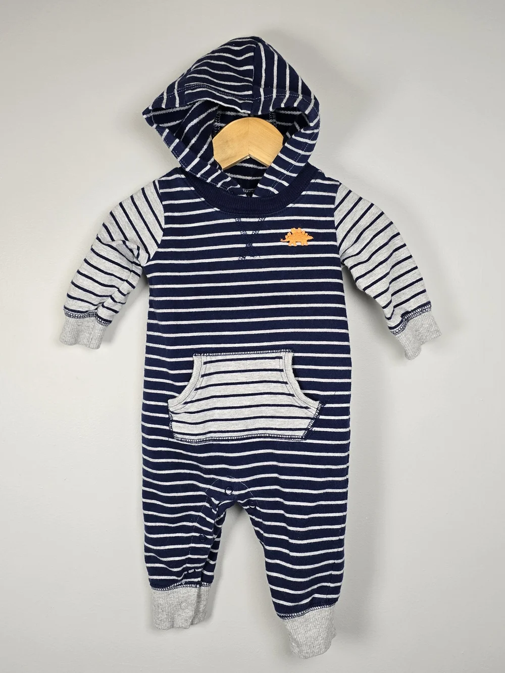 Carter's Navy & Gray Striped Hooded One-Piece with Orange Dino